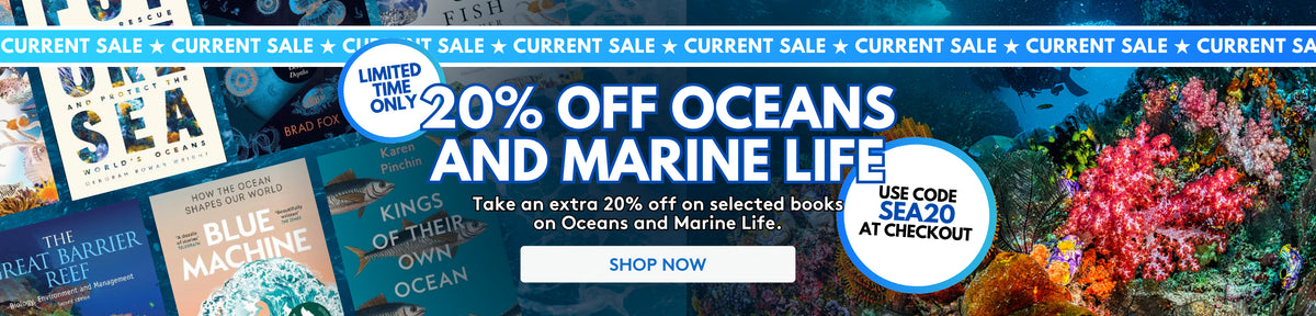 A promotional banner for Ocean and Marine Books & Media featuring a 20% off sale. The banner includes several book covers such as 'The Great Sea Book', 'Blue Machine', 'King of the Ocean', and 'The Sea of Life', alongside coral reef and marine life illustrations.