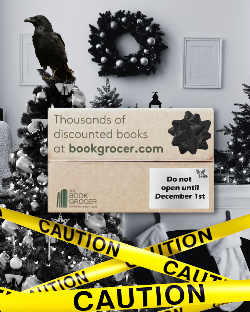 Image shows Book Grocer's Crime Fiction Advent Book Box against a black and white background. There is a black raven on top of the Christmas tree, giving eerie vibes. There is bright yellow caution tape at the bottom.. Sticker on Book Box says "Do not open until December 1st".