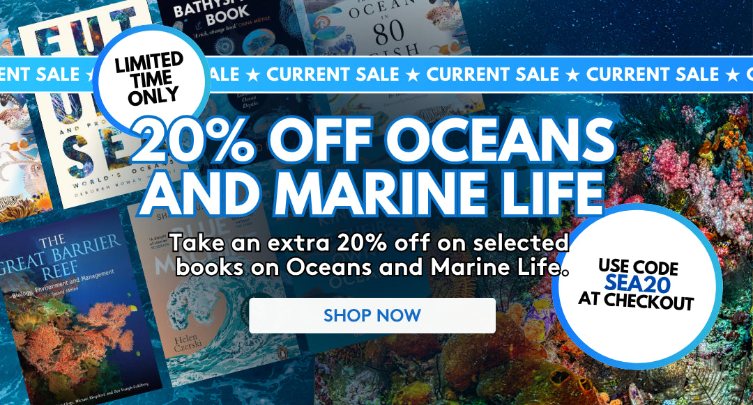 Promotional sale graphic for Oceans and Marine Life books with coral reef background imagery, large text reading '20% OFF OCEANS AND MARINE LIFE,' sale banners, a limited-time badge, and checkout code callout.